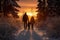 Majestic Family forest winter sunset. Generate Ai