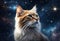 A majestic feline floating through the vastness of deep space, surrounded by shimmering stars and galaxies