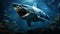 Majestic fish swimming in dark, spooky underwater, sharp teeth generated by AI