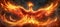 Majestic flaming phoenix firebird in fiery darkness, sparks and flames, ample text space