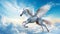 The majestic flight of the white pegasus. Generative AI