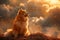 Majestic Fluffy Alaskan Malamute Dog Sitting on Hill Against Golden Sunset Sky
