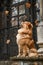 Majestic Fluffy Chow Chow Dog Sitting by Iron Gate with Falling Autumn Leaves