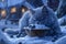 Majestic Fluffy Grey Cat Enjoying a Bowl of Milk in Enchanted Winter Wonderland