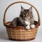 Majestic Fluffy mainecoon Cat Sitting Serenely Inside a Wicker Basket