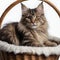 Majestic Fluffy mainecoon Cat Sitting Serenely Inside a Wicker Basket