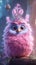 The Majestic Fluffy Owl Wearing a Pink Feathery Crown with Big Blue Eyes in Unreal Engine Style .