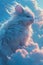 Majestic Fluffy White Rabbit Against a Dreamy Blue Sky Background with Whimsical Clouds