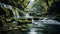 Majestic forest, flowing water, tropical rainforest, tranquil scene, blurred motion generated by AI