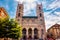 Majestic front view of historical cathedral Notre-Dame Basilica of Montreal on a sunny day in Montreal, Quebec, Canada