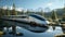 A majestic and futuristic train traverses through landscape of mountains, trees, and lakes
