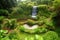 majestic garden with majestic waterfall, surrounded by lush greenery