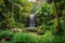 majestic garden with majestic waterfall, surrounded by lush greenery