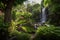 majestic garden with majestic waterfall, surrounded by lush greenery