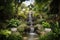 majestic garden with majestic waterfall, surrounded by lush greenery