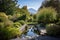 majestic garden with towering trees and babbling brook, surrounded by picturesque mountain range in the background