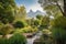 majestic garden with towering trees and babbling brook, surrounded by picturesque mountain range in the background