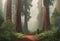 Majestic Giants: Giant Redwoods in a Misty Forest with Towering Trees