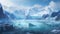 A majestic glacier with icy blue hues, surrounded by a stark, rugged landscape