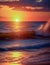 A majestic, golden-hued sunset, with the sun slowly sinking into the horizon, casting its light across the rolling waves.