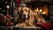 Majestic Golden Retriever Relaxing During The Holidays In Front of The Warm Fireplace - Generative AI