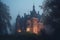 Majestic Gothic castle in foggy twilight