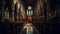 Majestic Gothic chapel with illuminated stained glass windows generated by AI