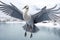 Majestic gray crane gliding with outstretched wings over serene snow-covered lake
