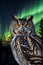 Majestic Great Horned Owl Amidst Northern Lights and Aurora Borealis