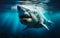 Majestic Great White Shark Gliding Through Sunlit Waters Above Deep Ocean Floor Predatory Beauty of Marine Life