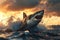 Majestic great white shark leaping in photorealistic medium shot under spotlight