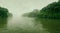 majestic green river of the amazon with haze in a beautiful sunrise by forested area