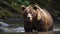 Majestic grizzly bear fishing in tranquil tropical rainforest pond generated by AI