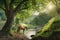 majestic Hannoveraner horse in the middle of a tree-covered hill, a creek in the foreground