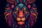 Majestic Head of lion with neon style. Wildlife predator