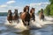 Majestic herd of horses galloping across the serene river with ample space for captivating text