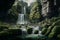 Majestic High Waterfall Landscape with Green Moss Covered Rocks in Daytime, Generative AI