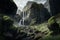 Majestic High Waterfall Landscape with Green Moss Covered Rocks in Daytime, Generative AI