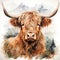 Majestic Highland Cow: Watercolor Portrait in Pastoral Splendor