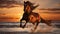 Majestic horse galloping on the beach at sunset with room for text, beautiful coastal scene