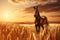 Majestic horse in golden wheat field at sunset, commercial photography, studio lighting
