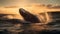 Majestic humpback breaching at dawn on horizon generated by AI