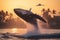 Majestic Humpback Whale Breaching Amidst Dolphins at Sunset