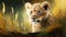 A Majestic Image of a Cute Lion Cub in a Forest Meadow on a Glorious Summer Day. Generative AI