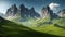 The majestic Italian Alps with rocky peaks grassy field on the foreground generated by Ai