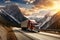 Majestic Journey. Semi Truck Roaming Amidst Mountainous Backdrop