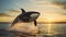 A majestic killer whale leaping out of the water. AI Generative