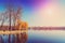 Majestic landscape. man-made island in the middle of the lake in the city is reflected in water.