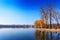 Majestic landscape. man-made island in the middle of the lake in the city is reflected in water.