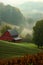 Majestic Landscape: A Scenic View of a Red Barn, Foggy Fields, T